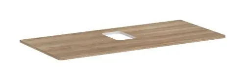 Holzplatte in Eiche Natur mit mittigem Ausschnitt, geeignet für einen Aufsatzwaschtisch. Marke Hansgrohe.